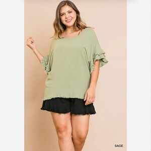 Umgee Double Ruffle Sleeve Linen Tunic Top with Frayed Hemsize 1X